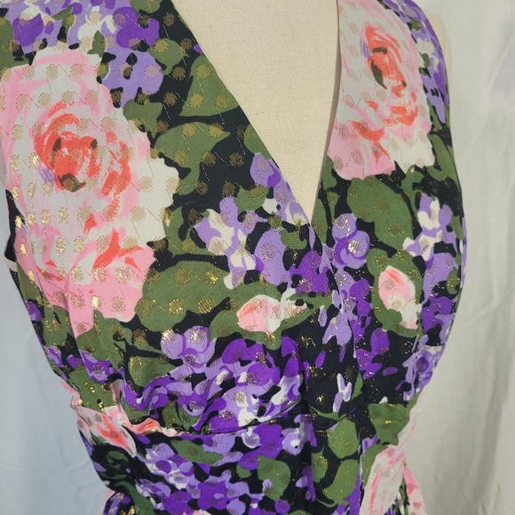 Vintage 70s California Sleeveless Spring Floral and Gold Lurex Maxi Dress S - Picture 2 of 10